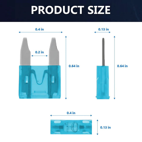 Diagram showing size dimensions of a 10A mini blade fuse from the 120Pcs Car Fuse Kit With Tester And Puller Dope Mini Blade Fuses Assortment Set 12V Upgraded Automotive Fuse Kit For RVs Trucks SUVs Boats Motorcycles 2A To 35A