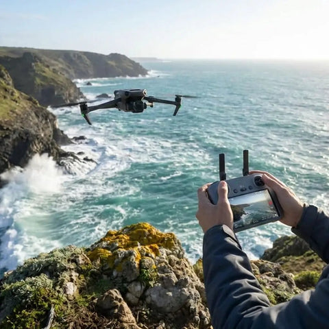 Person flying Air 3S Drone With RC 2 Fly More Bundle For Travel And Content Creation over rocky coastline, using remote control.