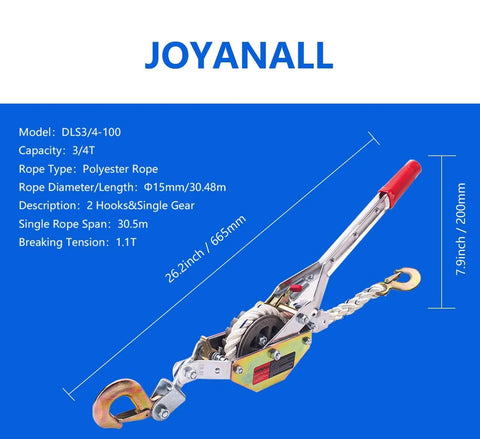 Rope Puller Three Quarter Ton Capacity With 100 Feet Of 0.6 Inch Rope Come Along Winch Hoist, side view product image