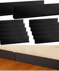 12 Pack Under Couch Blocker Black Pet Barrier Strip To Lock Down Your Sofa Gap And Keep Dogs From Crawling Beneath Furniture With Strong Peel Adhesive Backing And Reusable Guard showing black vinyl strips stacked neatly.
