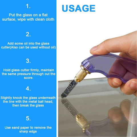Professional Pistol Grip Oil Feed Glass Cutter With Tungsten Carbide Wheel Stained Glass Cutting Tool shown in use on flat glass surface.