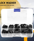 260Pcs Manganese Steel Lock Washers Set With Assorted Split Lock Washers For Mechanical Projects And DIY Repairs Durable 65 Mn Steel Heavy Duty Hardware Kit In Clear Plastic Storage Box, open case