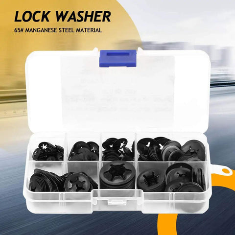 260Pcs Manganese Steel Lock Washers Set With Assorted Split Lock Washers For Mechanical Projects And DIY Repairs Durable 65 Mn Steel Heavy Duty Hardware Kit In Clear Plastic Storage Box, open case