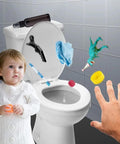 Hand retrieving toys and objects from flushing toilet with 50 Inch Toilet Auger Drain Cleaner Tool With Upgraded Grabber Unclogger