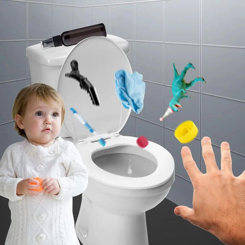 Hand retrieving toys and objects from flushing toilet with 50 Inch Toilet Auger Drain Cleaner Tool With Upgraded Grabber Unclogger
