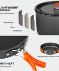 18Pcs Camping Cookware Set With Large Hanging Pots Pan And Kettle Plus Plastic Plates Bowls Spoon Spatula And Sponge, lightweight anodized aluminum design