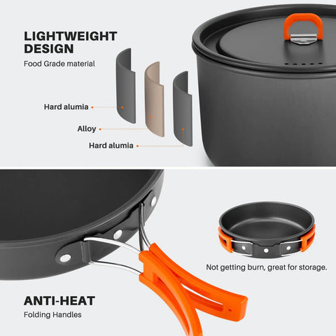 18Pcs Camping Cookware Set With Large Hanging Pots Pan And Kettle Plus Plastic Plates Bowls Spoon Spatula And Sponge, lightweight anodized aluminum design