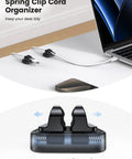 5 Pack Cable Spring Holder Clips For Desk Organization, Adjustable Cord Wire Organizers for Phone Chargers USB HDMI Cables in use.