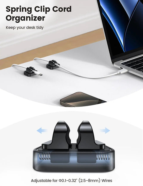 5 Pack Cable Spring Holder Clips For Desk Organization, Adjustable Cord Wire Organizers for Phone Chargers USB HDMI Cables in use.