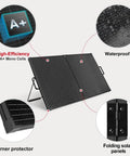 Open view of 100W Portable Solar Panel Suitcase with Waterproof 10A Charge Controller, showing folding panels and corner protection