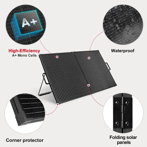 Open view of 100W Portable Solar Panel Suitcase with Waterproof 10A Charge Controller, showing folding panels and corner protection