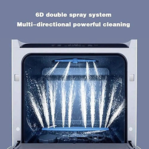 Nifty Countertop Dishwasher, Straight-Up Fast 40 Min Cycle, 5 Wash Options, Stainless Steel Tub, Auto Air Dry, Steam Baby Sanitize, Holds Six Place Settings shows internal double spray system for efficient cleaning.