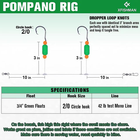 Diagram of Surf Fishing Rigs for Pompano with 2/0 circle hooks and 3/4 inch green floats for beach or pier casting.