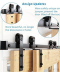 Close-up view of black flat track rollers and mounting system of Single Track Bypass Sliding Barn Door Hardware Kit For Double Doors With Low Ceiling Clearance