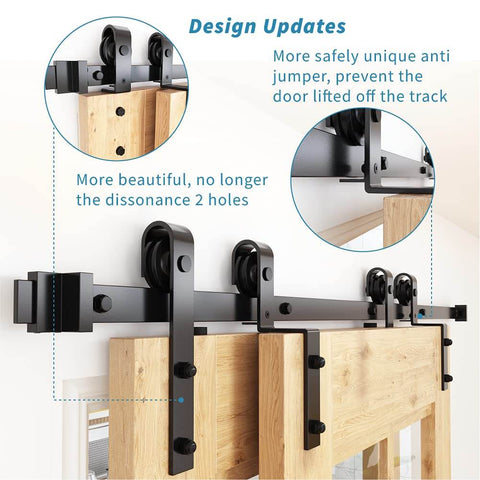Close-up view of black flat track rollers and mounting system of Single Track Bypass Sliding Barn Door Hardware Kit For Double Doors With Low Ceiling Clearance