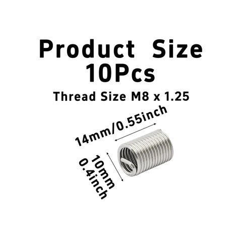 Heavy Duty 10 Piece Metric M8 1.25 Thread Repair Insert Kit 304 Stainless Steel Helical Coil Sleeve detail with sizes labeled.