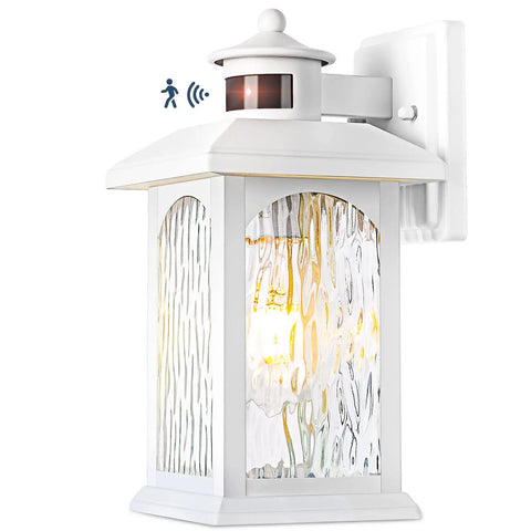 Motion Sensor Outdoor Wall Sconce With Dusk To Dawn Lighting, Waterproof Exterior Light Fixture In White Rippled Glass For Porch Or Garage