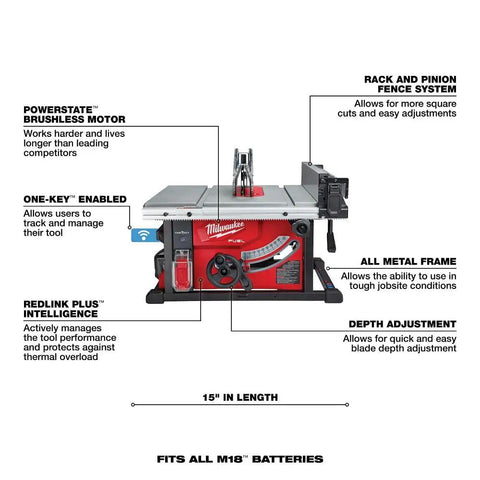 Heavy Duty 15 Amp Corded Table Saw Featuring 24.5 Inch Rip Capacity And Brushless Motor With Rack And Pinion Fence System, detailed features view.