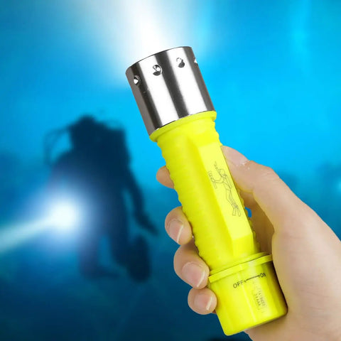 Person holding Two Pack Underwater LED Flashlights For Diving, Crazy Bright Scuba Lights With IPX8 Waterproof Rating