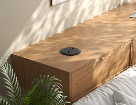 Pretty Slick 3 Inch Desktop Power Grommet 2 Pack With Pd 20W Usb C Fast Charger And 6.5 Foot Cord Black mounted on wooden desk.