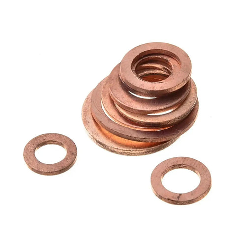 80 Pack Flat Copper Washers Seal Gasket Kit With Storage Box For Sump Drain Plugs And Fasteners Universal Fit Auto Heavy Duty Dang Good Stops Spills Heat Proof Premium Grade Copper Seals For Quick Car Fixes Routine Maintenance On Any Ride Today. Flat copper washers stacked and two loose seals on white