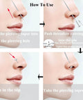 How to use G23 Titanium Threadless Piercing Taper Kit for nose shown in step-by-step diagram for 14G 16G 18G with push in pins.