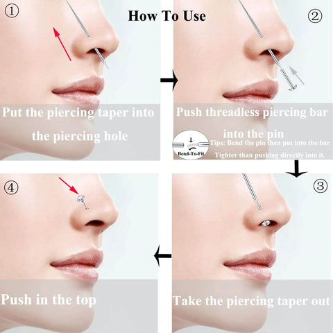How to use G23 Titanium Threadless Piercing Taper Kit for nose shown in step-by-step diagram for 14G 16G 18G with push in pins.