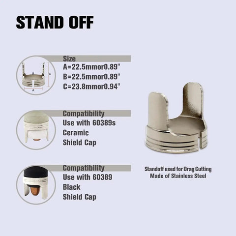 Standoff for plasma cutters, made of stainless steel, compatible with 60389 black and ceramic shield caps.