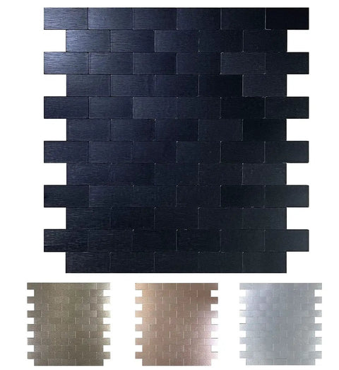 10-Sheet Peel And Stick Metal Backsplash Tiles In Brushed Aluminum Self Adhesive Subway 3D Wall Sticker For Kitchen And Bathroom No Grout Needed DIY Friendly Install Black Brushed Finish displayed in front view with color options.