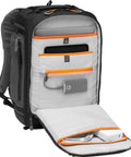 Pro Trekker BP 350 AW II Outdoor Camera Backpack With MaxFit Dividers open to show storage for laptop and iPad, black and dark gray