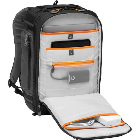 Pro Trekker BP 350 AW II Outdoor Camera Backpack With MaxFit Dividers open to show storage for laptop and iPad, black and dark gray