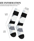 High Performance Unisex Athletic Compression Socks Featuring Graded Ankle Support Breathable Moisture Wicking Fabric Black White Piano Plate Grid Design size information.