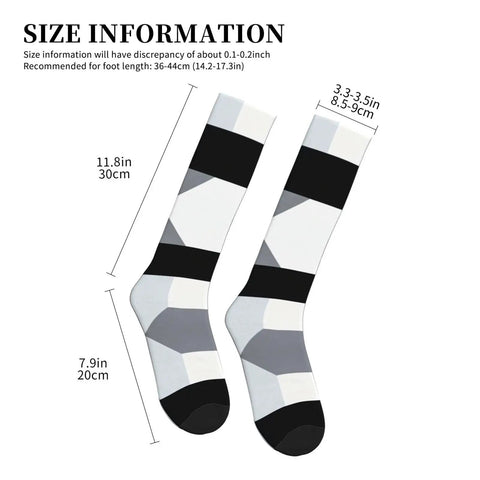 High Performance Unisex Athletic Compression Socks Featuring Graded Ankle Support Breathable Moisture Wicking Fabric Black White Piano Plate Grid Design size information.