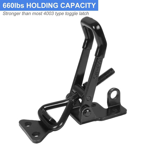 Set Of 4 Beefy Heavy Duty Toggle Latch Clamps With 660 Lb Capacity, Adjustable Black Metal Pull Latch close-up view.