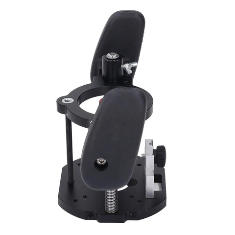 Built Like A Tank Aluminum Alloy Router Table Lift Base with Dead Nuts Accurate 65mm Plunge Mounting Plate, top view of operating handles.