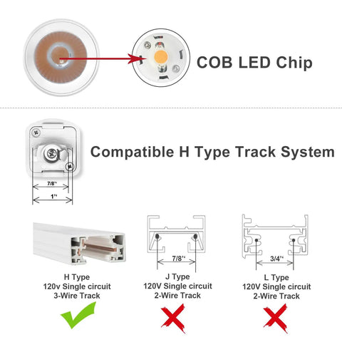 Dope 9W 4000K LED Track Light Heads Dimmable 3 Wire H Type Fixture showing COB LED chips and track compatibility