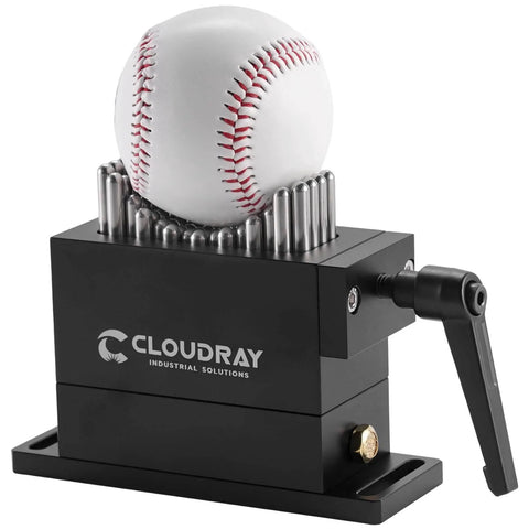 Front view of Flexible Fixture Clamp For CNC Laser Marking Machines holding a baseball, showcasing black anodized aluminum shell.