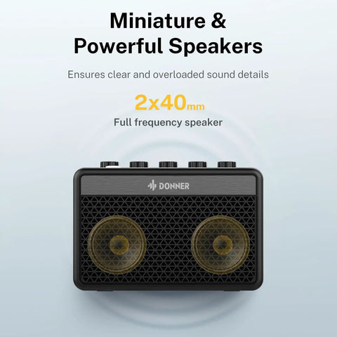 Front view of Portable 5W Mini Guitar Amp For Practice Jam Ready Compact Electric Guitar Amplifier With Built In Battery Four Hour Run Time USB Charging Cable Two Tone Channel Switch DA 10 showing control knobs and miniature speakers
