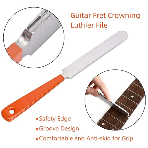 17Pcs Guitar Fret Repair Kit with crowning file showing safety edge and groove design on fretboard