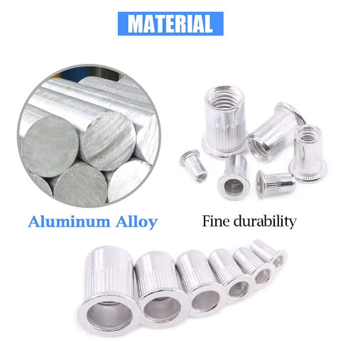 160 Piece Aluminum Alloy Flat Head Rivet Nut Kit M3 M4 M5 M6 M8 M10 Threaded Nutserts shown with aluminum rods