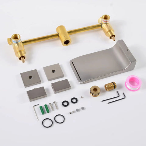 Two Handle Waterfall Wall Mount Tub Faucet In Brushed Nickel, Dope Look, Easy Install Bathroom Waterfall Filler For Bathtub, Vanity Vessel Sink, RV And More, 1/2 NPT Connection, Includes Accessories And Lifetime Warranty with all parts and fittings