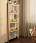 Modern 4 Tier Floor Standing Book Shelf With Flip Lid Glass Door Dope Solid Wood Storage Rack in living room