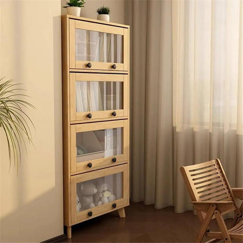 Modern 4 Tier Floor Standing Book Shelf With Flip Lid Glass Door Dope Solid Wood Storage Rack in living room