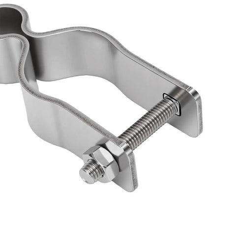 Close-up of Heavy Duty Gate Hinges Set in 304 Stainless Steel for Wood and Chain Link Fences, showing bolt and nut detail.