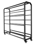 Heavy Duty Rock Solid Fabric Roll Storage Rack With Adjustable Hanging Rod For Hassle Free Mobile Sample Organizer Of Vinyl Leather And Wallpaper Displays, showcasing steel frame and casters.
