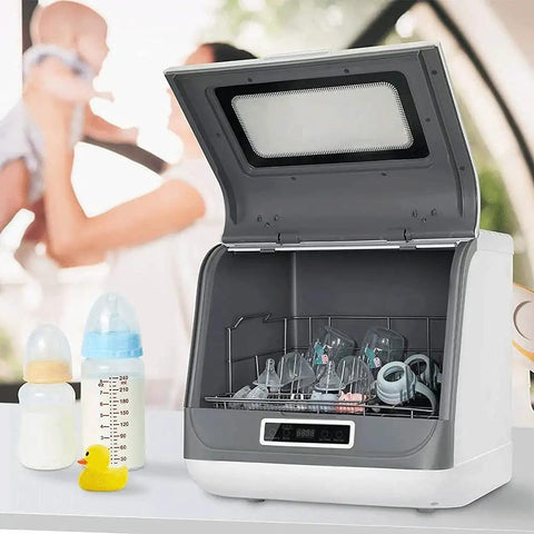 No Sweat Compact Countertop Dishwasher With Automatic Air Dry And 360 Rotating Dual Spray Heads Superfast Cycle For Everyday Dishes Bowls And Fresh Market Finds with baby bottles and glasses inside.
