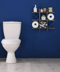 Tic Tac Toe Themed Toilet Paper Holder Stand And Wall Shelf Decor In Rustic Wood Bathroom Organizer on blue wall with decor items
