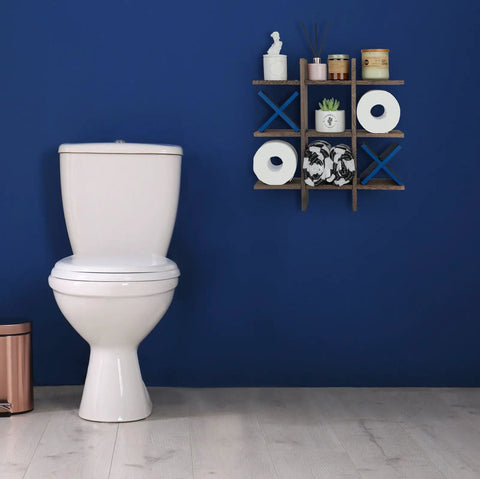 Tic Tac Toe Themed Toilet Paper Holder Stand And Wall Shelf Decor In Rustic Wood Bathroom Organizer on blue wall with decor items