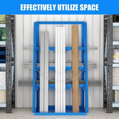 Beefy Vertical Long Parts Storage Rack With 3,000 Lb Capacity For Pipes And Lumber, Heavy Duty Pipe Organizer Shelf With Safety Chain, Blue Garage Workshop Storage Rack For Home Garage And Factory