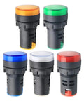 Five multicolor 12V LED indicator lights for control panels, featuring 22mm mount, screw clamp, and low back depth.